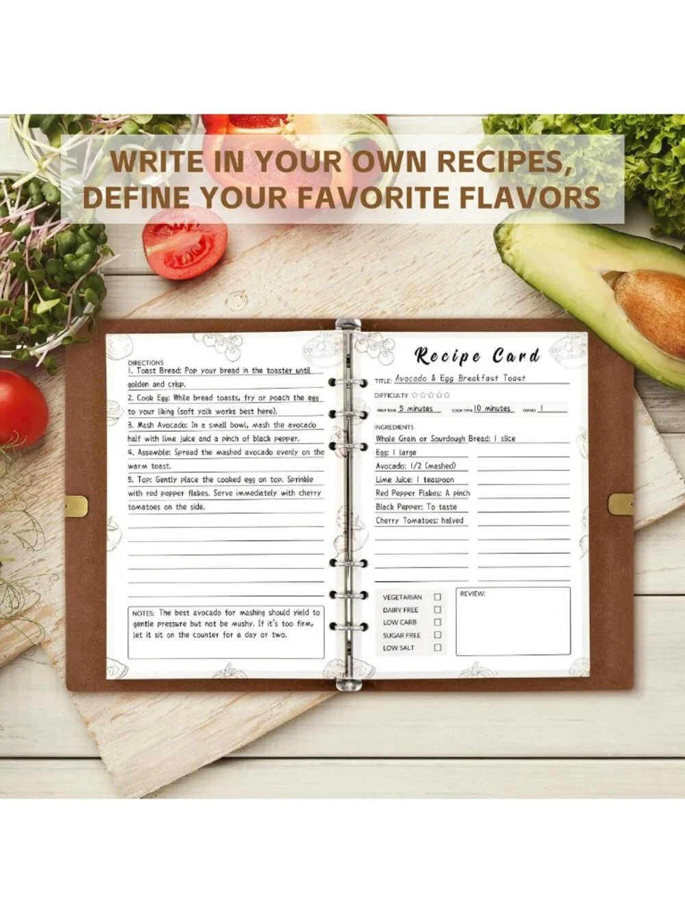 Waterproof Leather Recipe Journal Binder - Create Your Own Cookbook, Brown